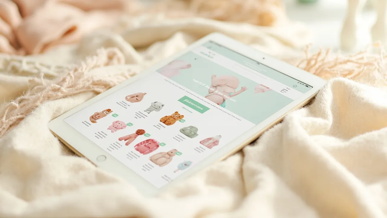 Tablet mit einem pastelligen Online-Baby-Shop auf einer warmen Decke