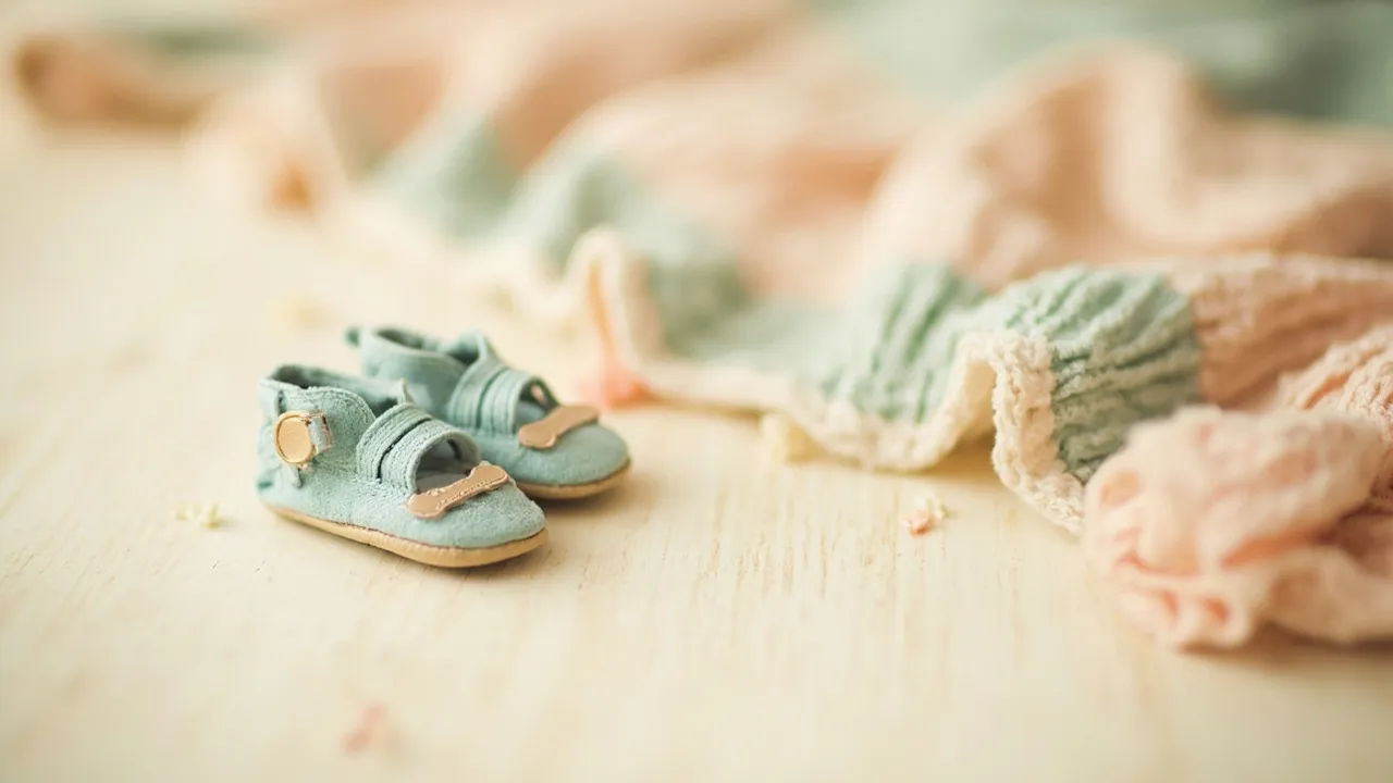 Zarte Babyschuhe und eine pastellfarbene Decke auf warmem Holz