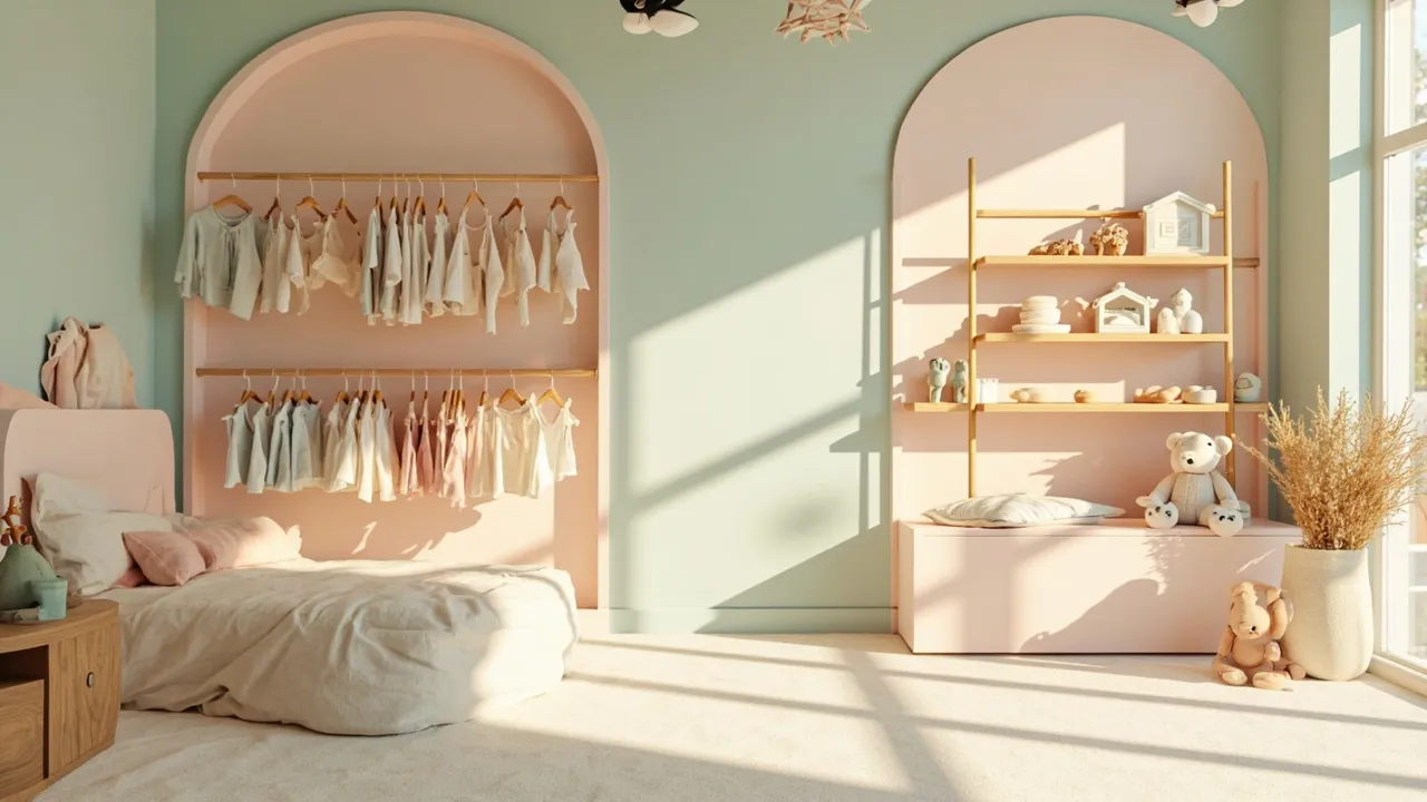 Heller, pastelliger Baby-Laden mit Holzregalen und weichen Stoffen